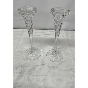 PartyLite Clear Crystal Tall Candlesticks‎ Pair Elegant Pressed Glass 10.5"